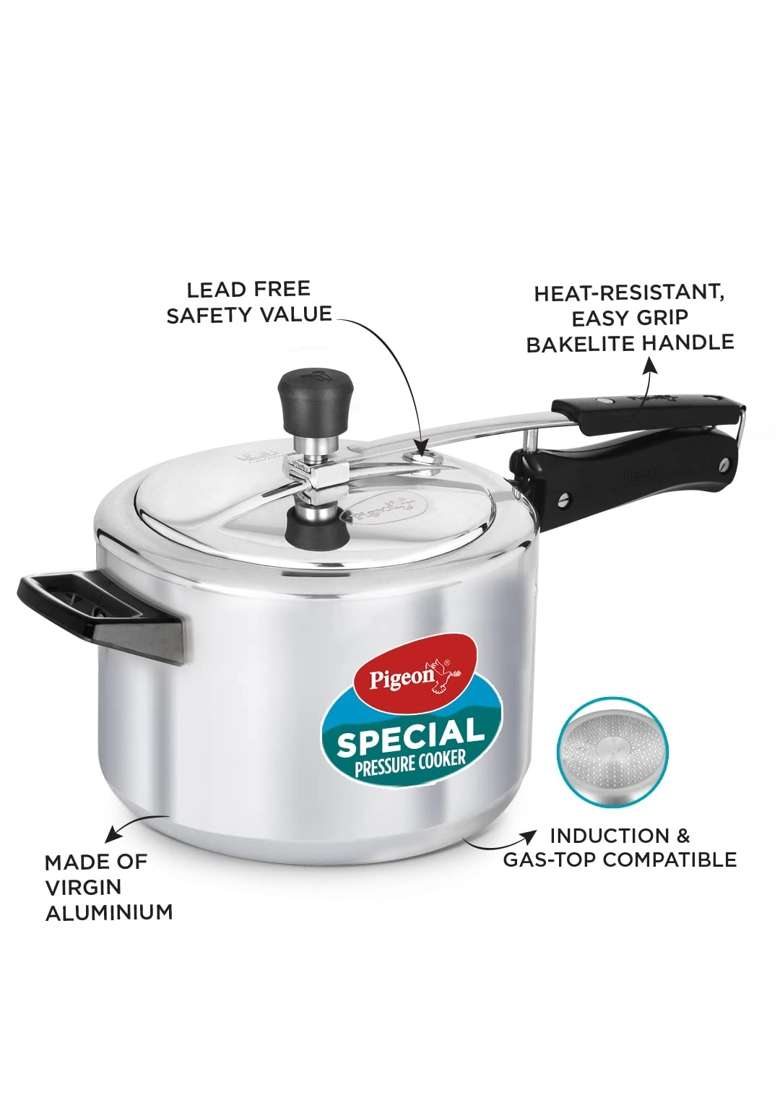 Pigeon By Stovekraft 12734 Induction Base Inner Lid Aluminium Pressure Cooker | 5 L | 5.3 Qt - Indya