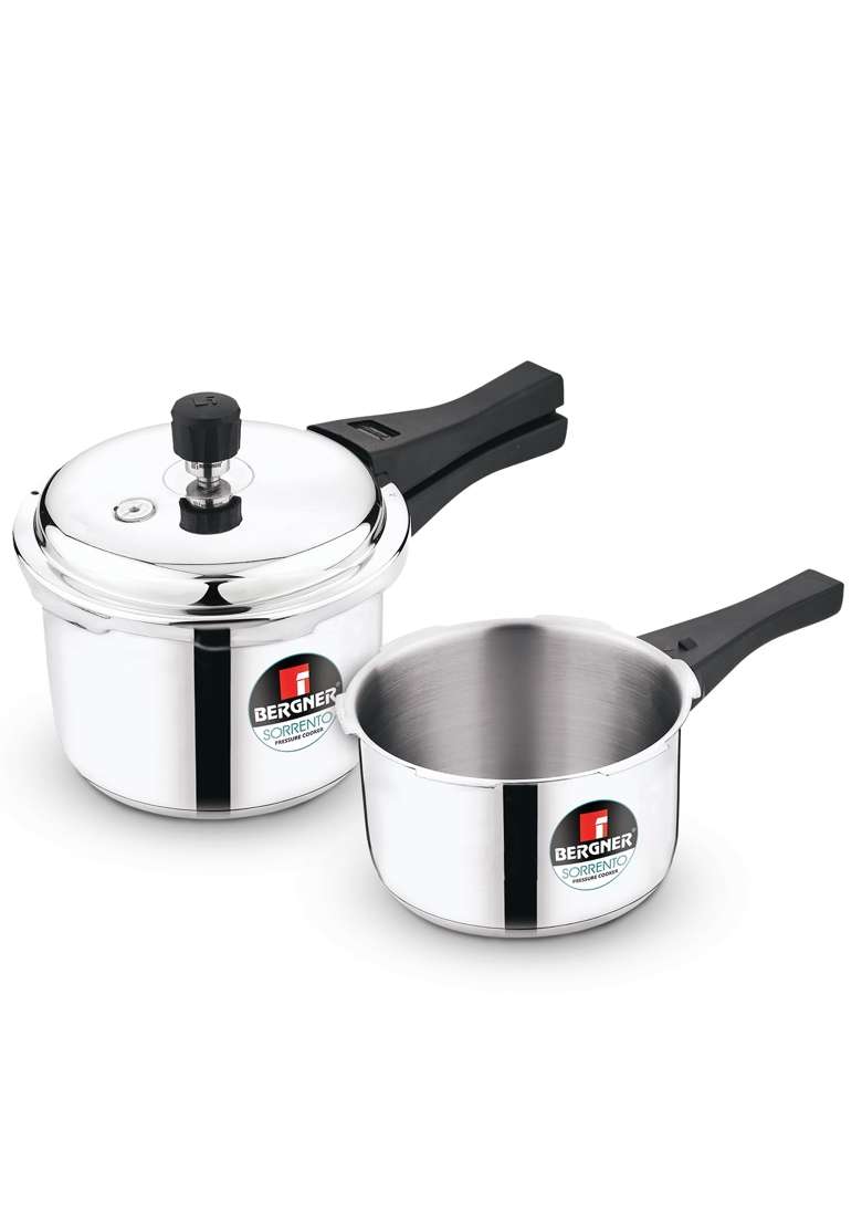 BERGNER Sorrento Stainless Steel Outer Lid Pressure Cooker Combo | 2 L | 2.1 Qt | Induction Compatible | Heavy Bottom - Indya
