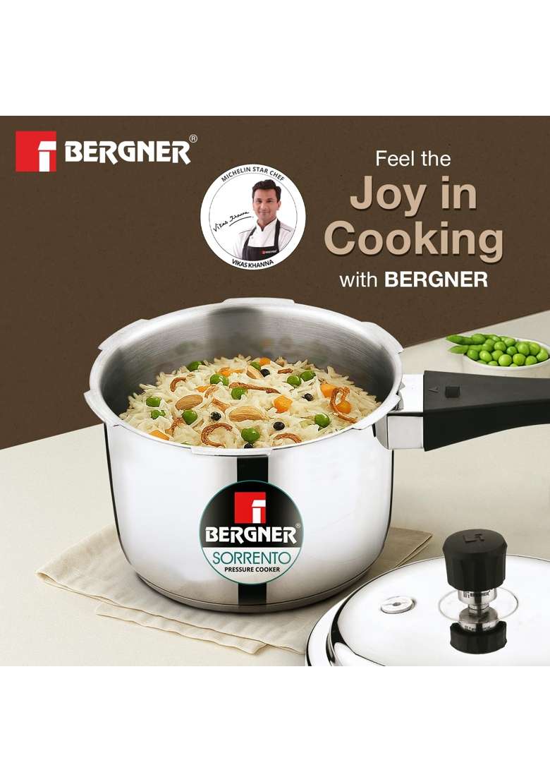 BERGNER Sorrento Stainless Steel Outer Lid Pressure Cooker Combo | 2 L | 2.1 Qt | Induction Compatible | Heavy Bottom - Indya