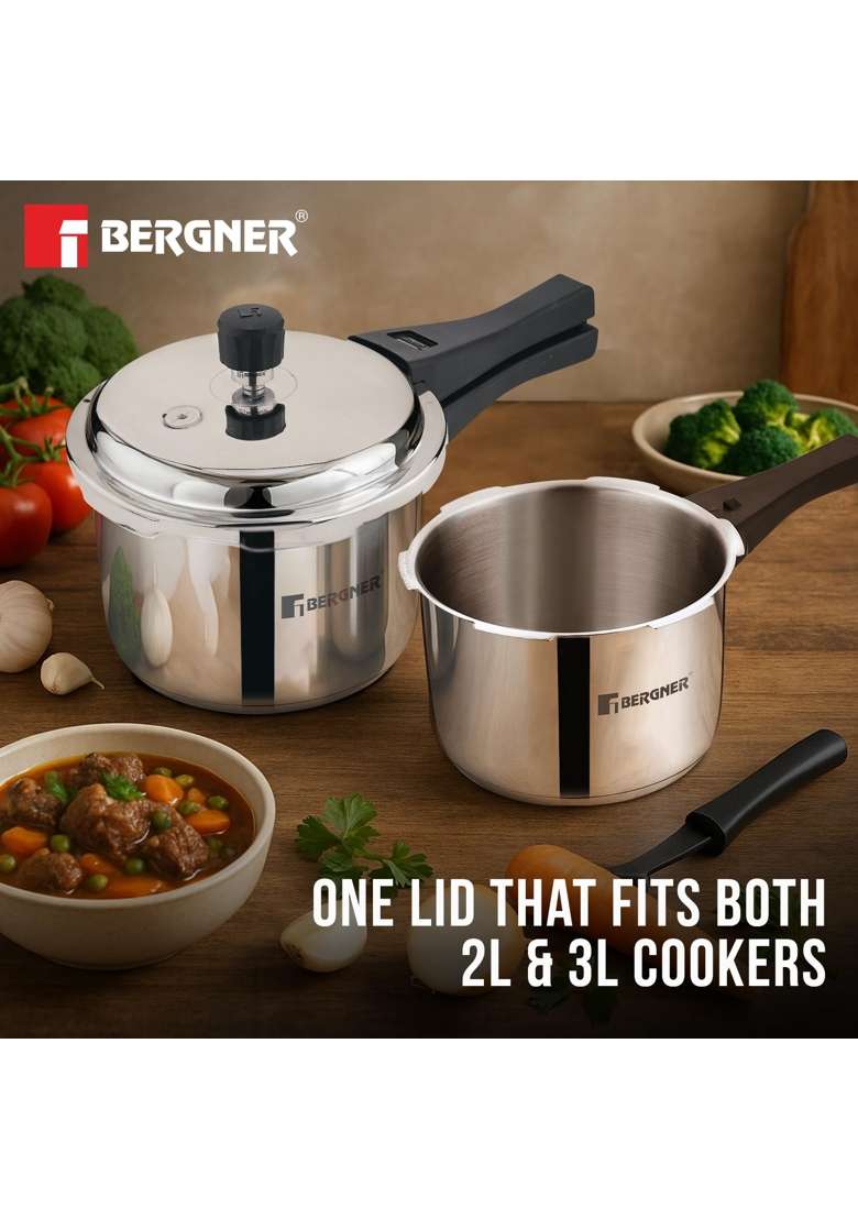 BERGNER Sorrento Stainless Steel Outer Lid Pressure Cooker Combo | 2 L | 2.1 Qt | Induction Compatible | Heavy Bottom - Indya