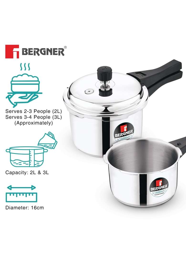 BERGNER Sorrento Stainless Steel Outer Lid Pressure Cooker Combo | 2 L | 2.1 Qt | Induction Compatible | Heavy Bottom - Indya
