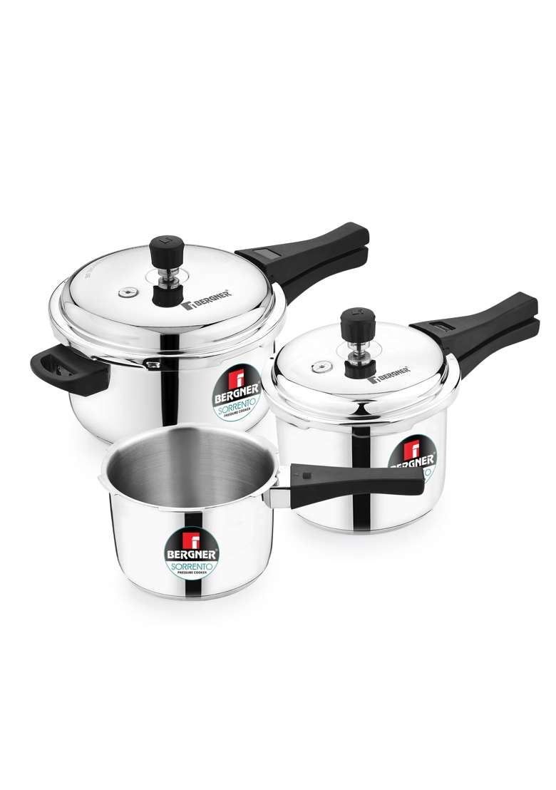 BERGNER Sorrento Stainless Steel Outer Lid Pressure Cooker Combo | 2 L | 2.1 Qt | Induction Compatible | Heavy Bottom - Indya