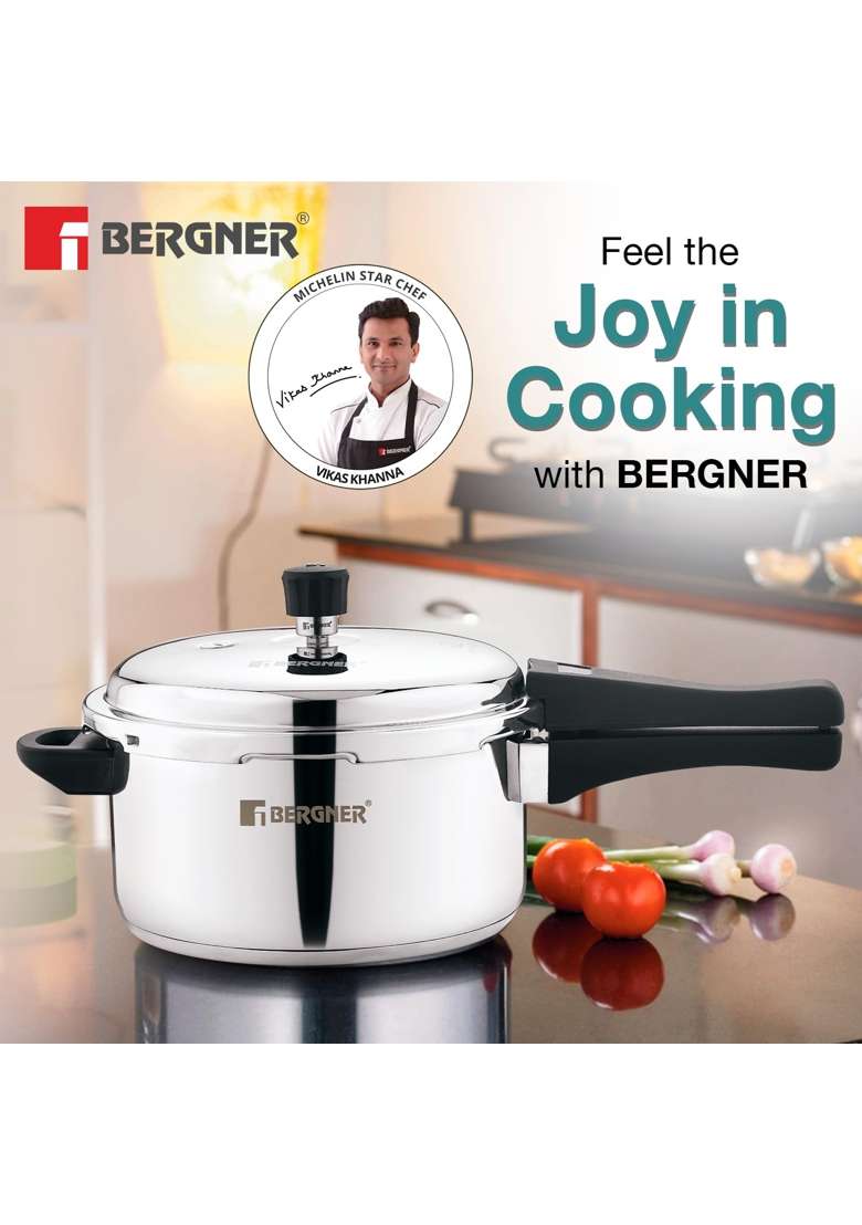 BERGNER Sorrento Stainless Steel Outer Lid Pressure Cooker Combo | 2 L | 2.1 Qt | Induction Compatible | Heavy Bottom - Indya