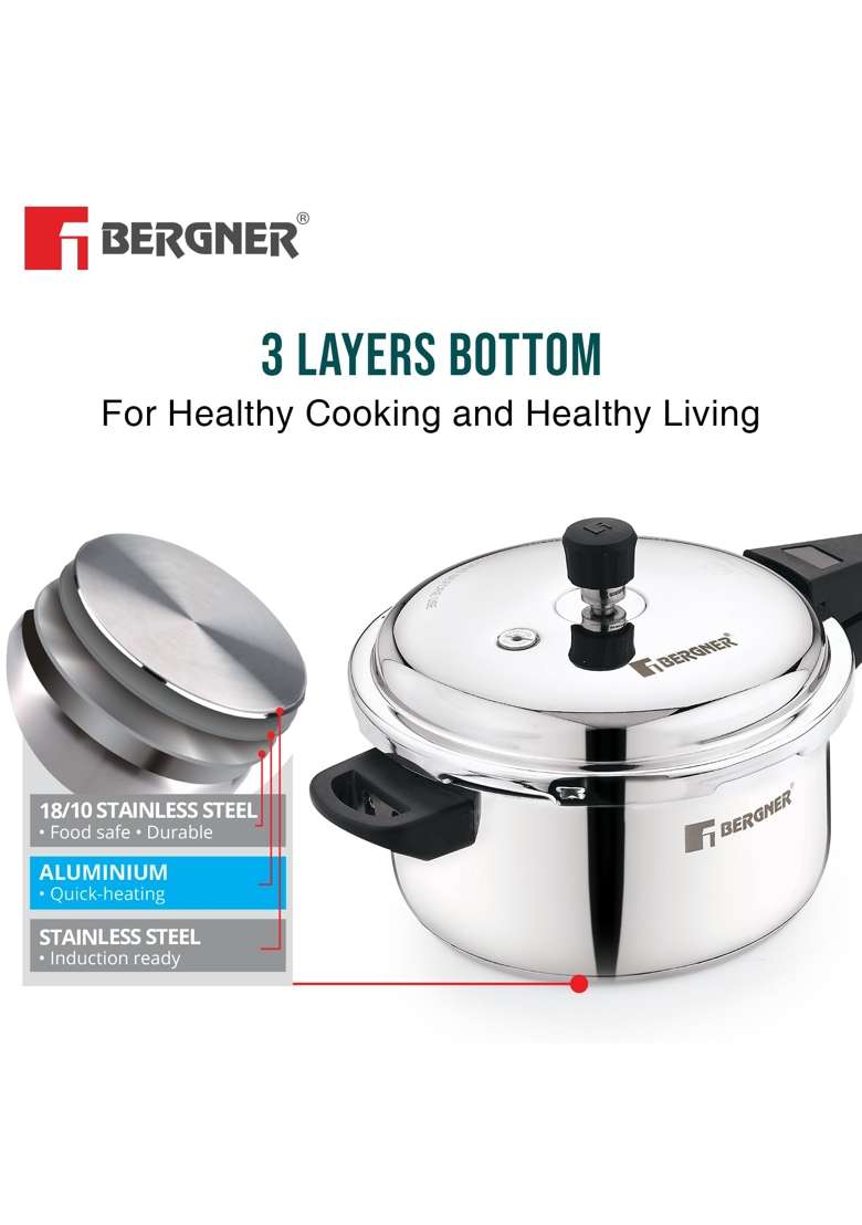 BERGNER Sorrento Stainless Steel Outer Lid Pressure Cooker Combo | 2 L | 2.1 Qt | Induction Compatible | Heavy Bottom - Indya