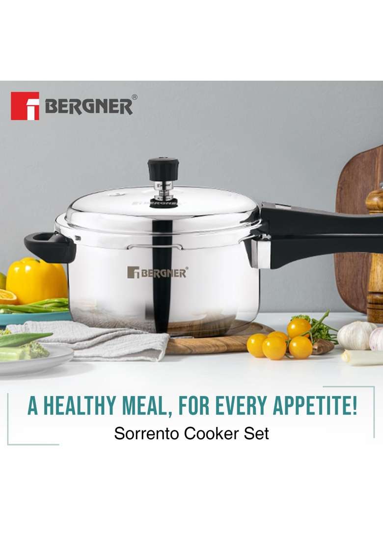 BERGNER Sorrento Stainless Steel Outer Lid Pressure Cooker Combo | 2 L | 2.1 Qt | Induction Compatible | Heavy Bottom - Indya
