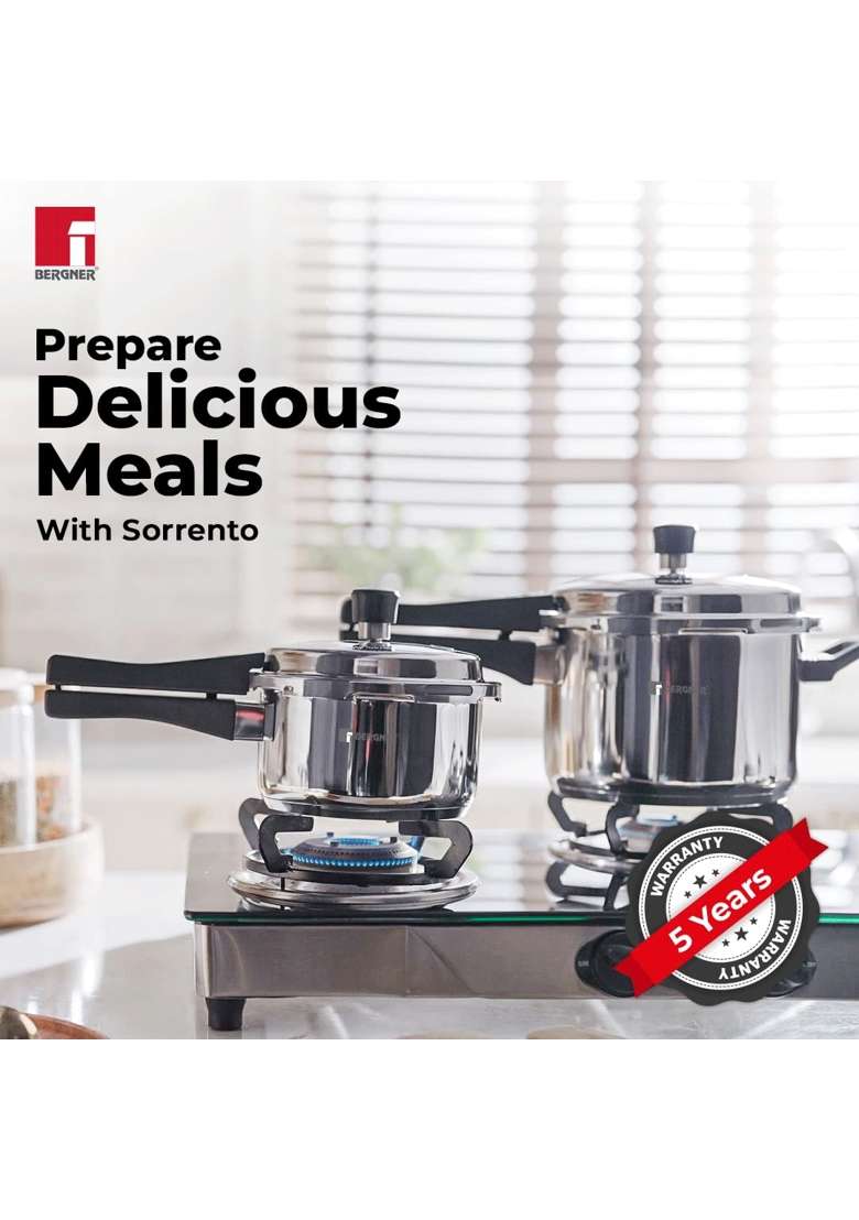 BERGNER Sorrento Stainless Steel Outer Lid Pressure Cooker | 2 L | 2.1 Qt | Induction Compatible | Heavy Bottom - Indya