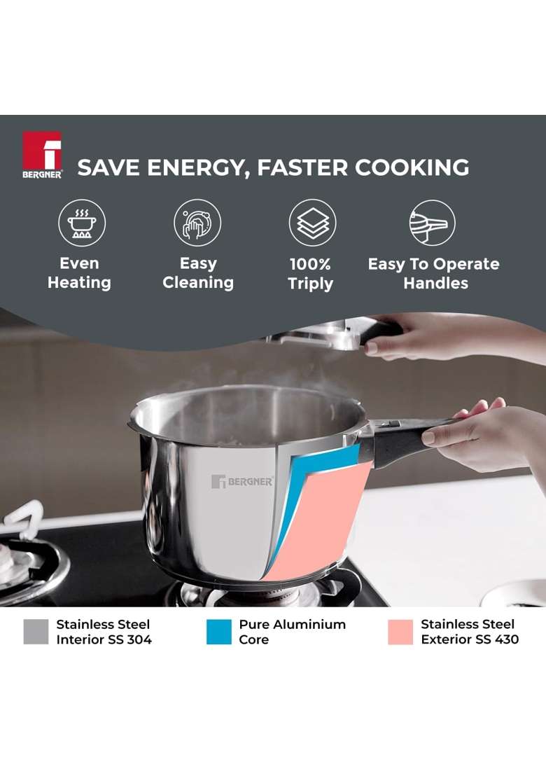 BERGNER Sorrento Stainless Steel Outer Lid Pressure Cooker | 2 L | 2.1 Qt | Induction Compatible | Heavy Bottom - Indya