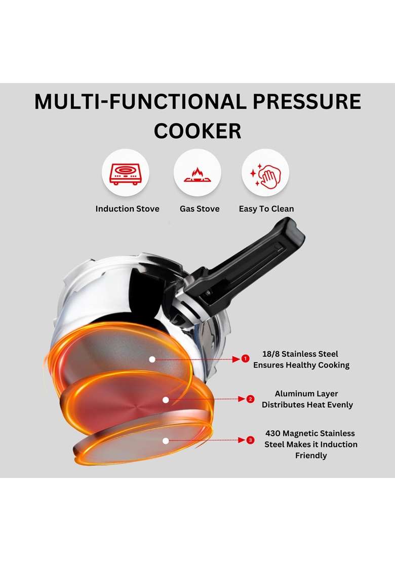 Vinod Platinum Triply Stainless Steel Outer Lid Pressure Cooker | 2 L | 2.1 Qt | Induction Compatible - Indya