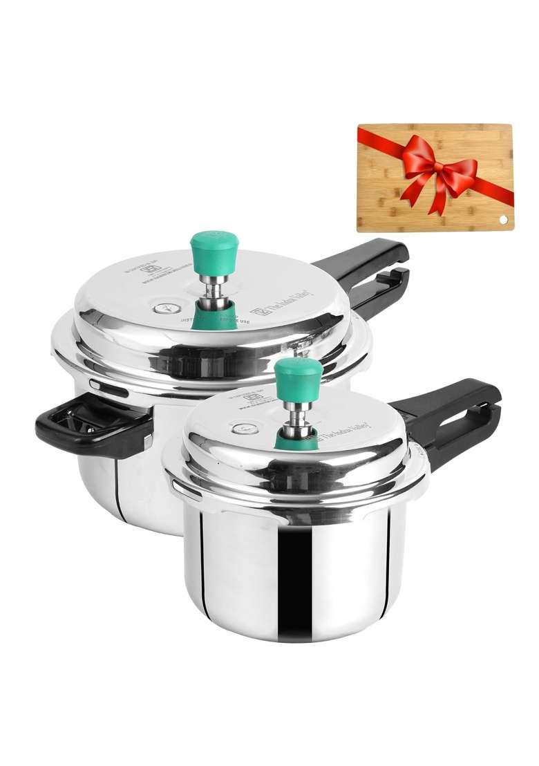 The Indus Valley Triply Stainless Steel Pressure Cooker Outer Lid Combo Free Wooden Chopping | 3 L | 3.2 Qt | Induction Compatible | Non-Toxic - Indya