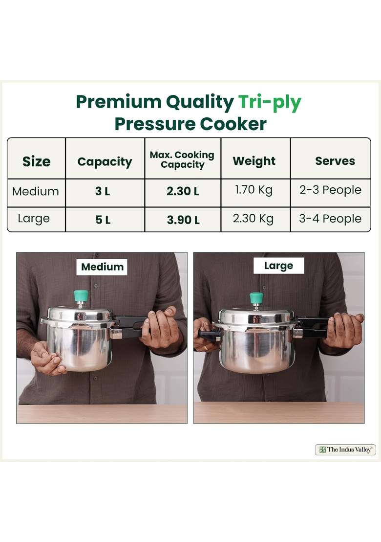 The Indus Valley Triply Stainless Steel Pressure Cooker Outer Lid Combo Free Wooden Chopping | 3 L | 3.2 Qt | Induction Compatible | Non-Toxic - Indya