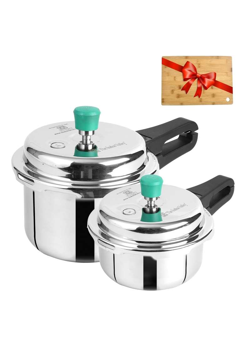 The Indus Valley Triply Stainless Steel Pressure Cooker Outer Lid Combo Free Wooden Chopping | 3 L | 3.2 Qt | Induction Compatible | Non-Toxic - Indya