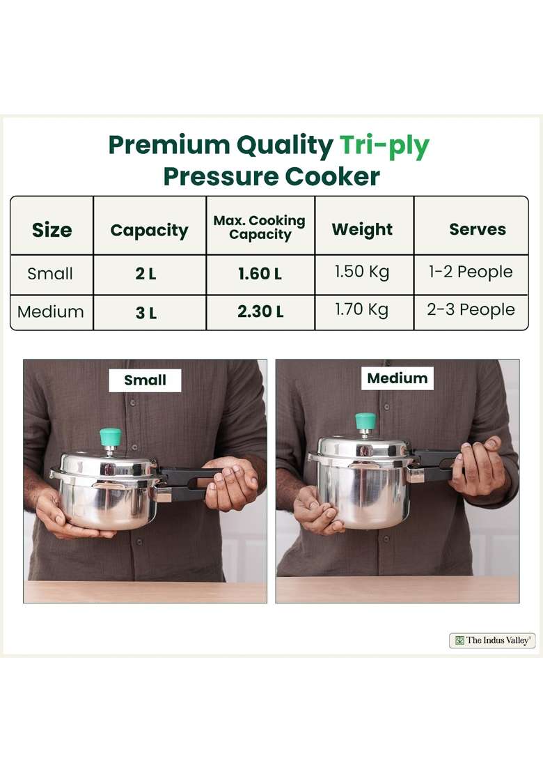 The Indus Valley Triply Stainless Steel Pressure Cooker Outer Lid Combo Free Wooden Chopping | 3 L | 3.2 Qt | Induction Compatible | Non-Toxic - Indya