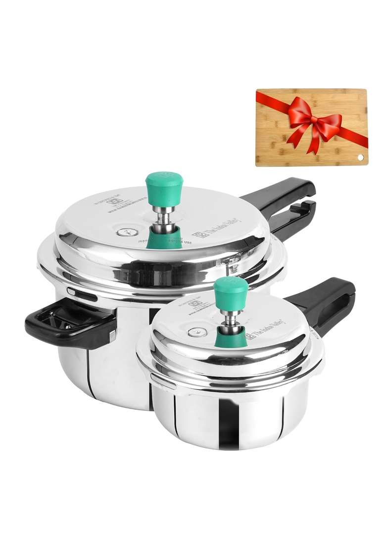 The Indus Valley Triply Stainless Steel Pressure Cooker Outer Lid Combo Free Wooden Chopping | 2 L | 2.1 Qt | Induction Compatible | Non-Toxic - Indya