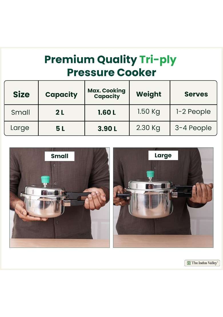 The Indus Valley Triply Stainless Steel Pressure Cooker Outer Lid Combo Free Wooden Chopping | 2 L | 2.1 Qt | Induction Compatible | Non-Toxic - Indya
