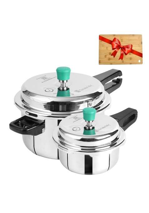 The Indus Valley Triply Stainless Steel Pressure Cooker Outer Lid Combo Free Wooden Chopping | 2 L | 2.1 Qt | Induction Compatible | Non-Toxic