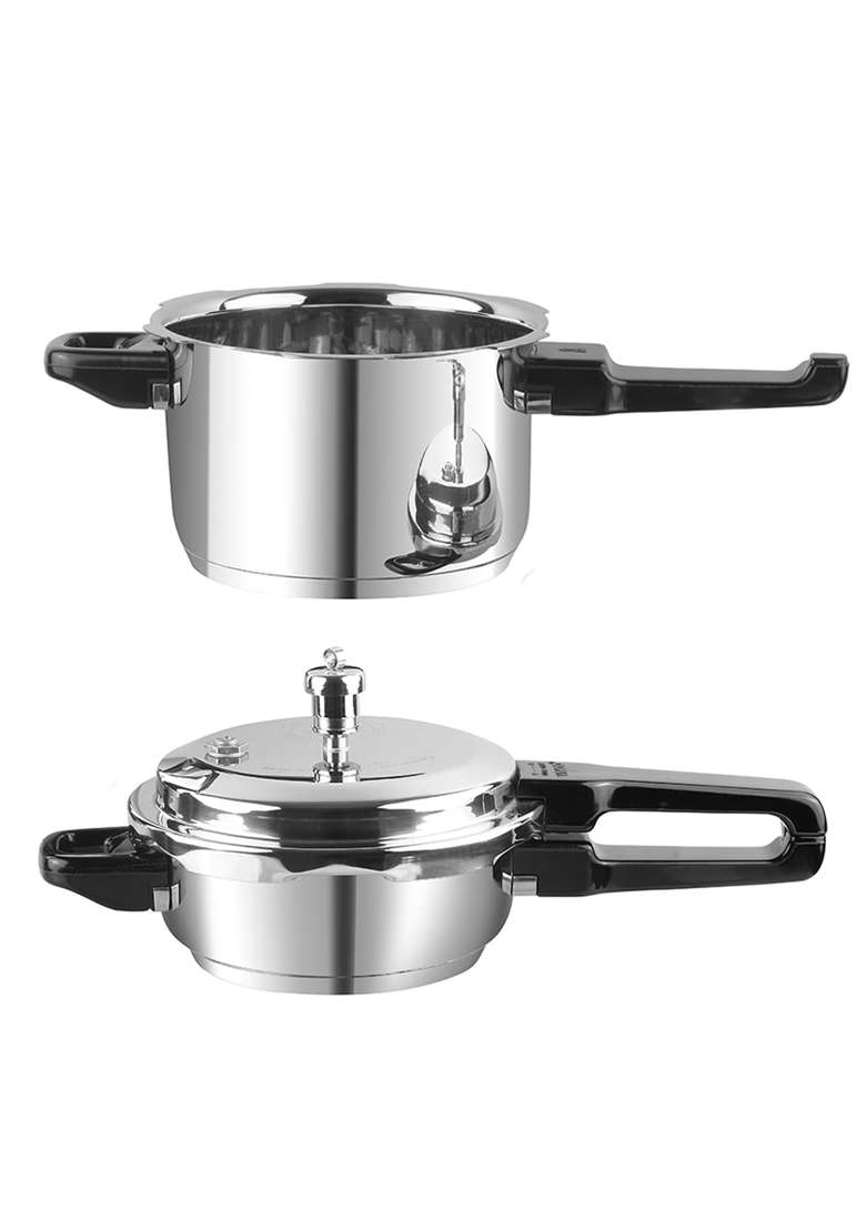 Vinod Sandwich Bottom Stainless Steel Pressure Cooker Combo with Common Lid | 3.5 L | 3.7 Qt | 2-Piece Set | Induction Compatible - Indya