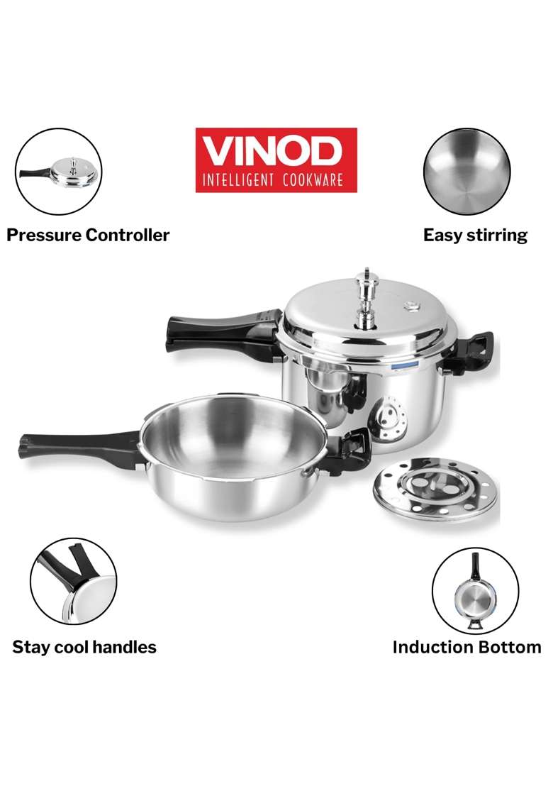 Vinod Platinum Triply Stainless Steel Pressure Cooker Combo -3. | 3.5 L | 3.7 Qt | 2-Piece Set - Indya