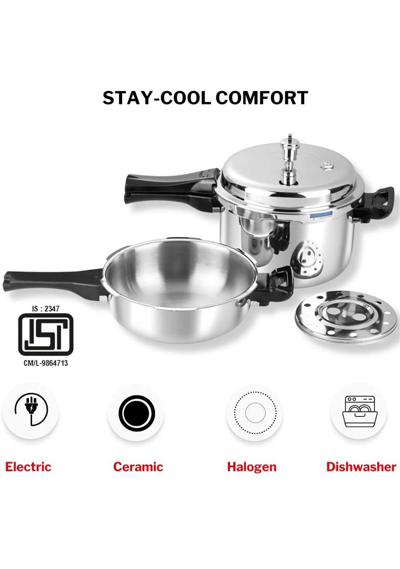 Vinod Platinum Triply Stainless Steel Pressure Cooker Combo | 3 L | 3.2 Qt | 2-Piece Set - Indya
