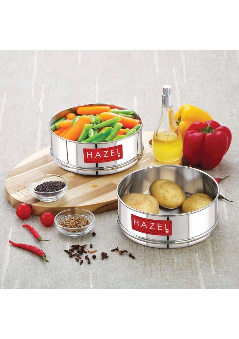 HAZEL Stainless Steel Stackable Separator Dabba for Pressure Cooker | 1 L | 1.1 Qt | 16.5 cm | 6.5 Inch | 2-Piece Set - Indya