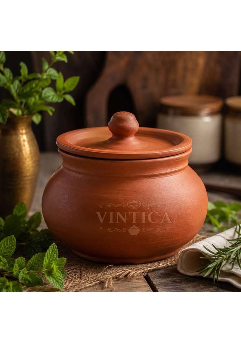 VINTICA Organic Clay Crafts Clay Handi Cooking Pot for Cooking Clay Handi MItti Handi Curd Handi | 1800 ml | 60.9 fl oz - Indya