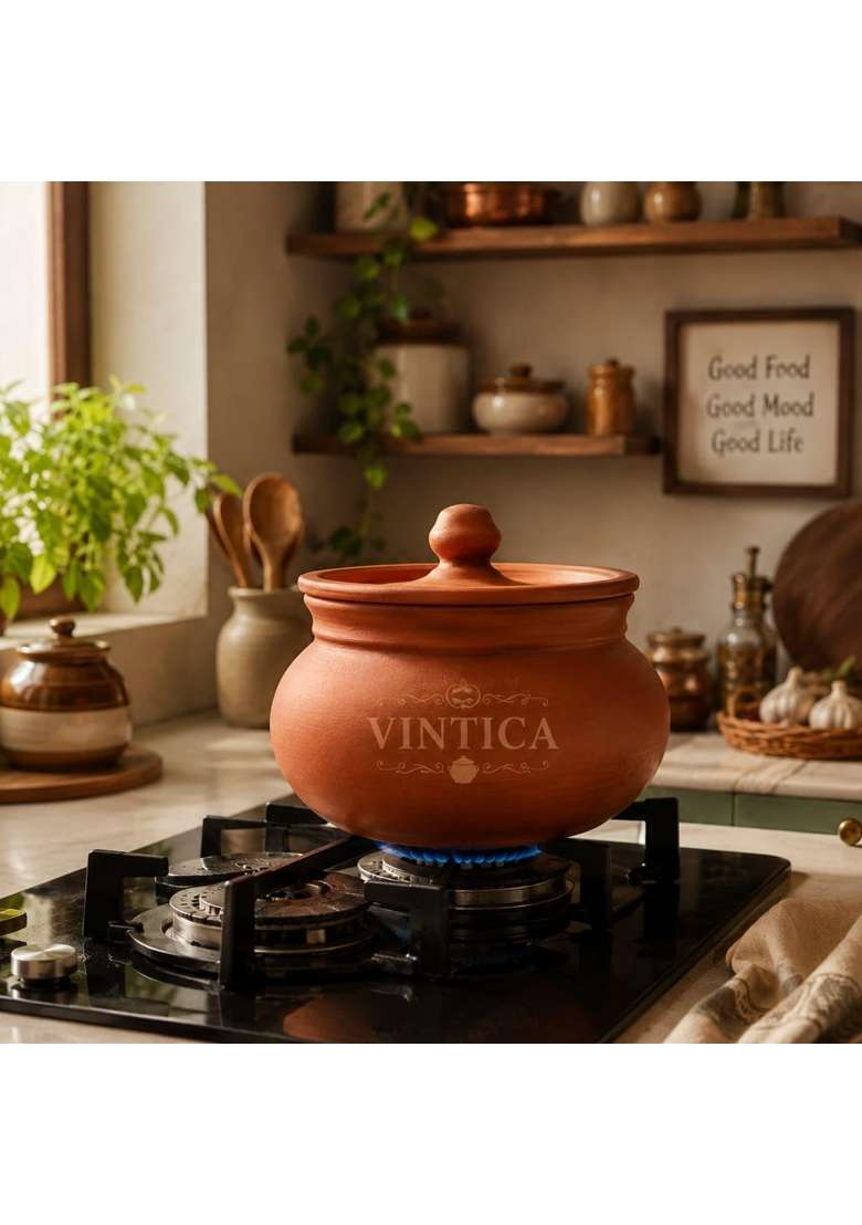 VINTICA Organic Clay Crafts Clay Handi Cooking Pot for Cooking Clay Handi MItti Handi Curd Handi | 1800 ml | 60.9 fl oz - Indya