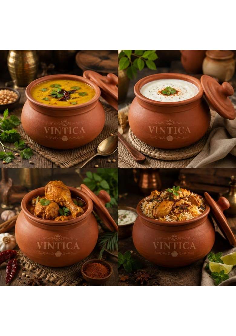 VINTICA Organic Clay Crafts Clay Handi Cooking Pot for Cooking Clay Handi MItti Handi Curd Handi | 1800 ml | 60.9 fl oz - Indya