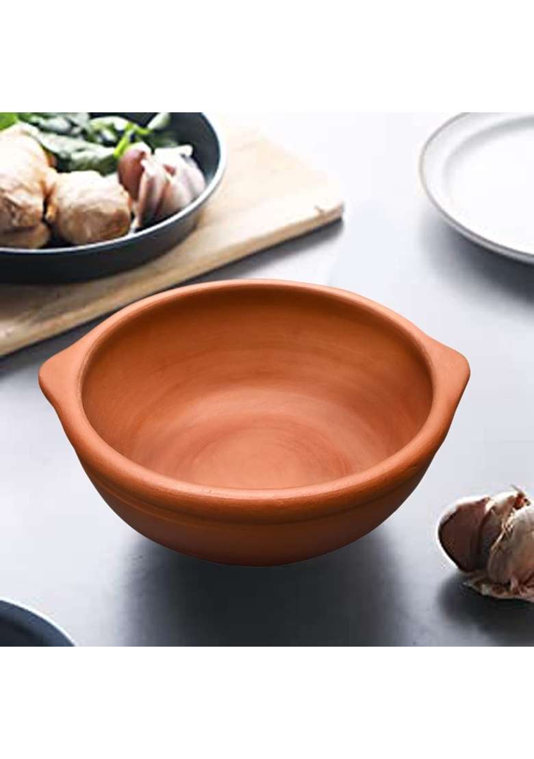 EZAHK Hand Made Clay Open Kadai Wok Pot for Curry Dal Cooking and Frying | 2.5 L | 2.6 Qt - Indya
