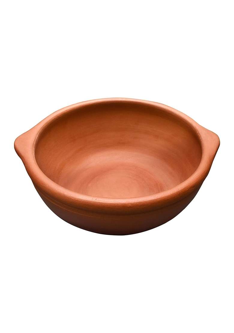 EZAHK Hand Made Clay Open Kadai Wok Pot for Curry Dal Cooking and Frying | 2.5 L | 2.6 Qt - Indya
