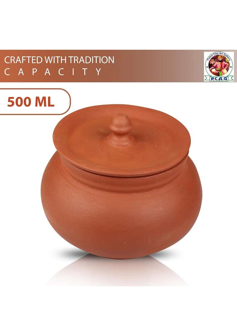 PALVIT CLAY ART GALLERY Hand Craft Clay Pot with Lid Dahi Handi for Kitchen | 500 ml | 16.9 fl oz - Indya