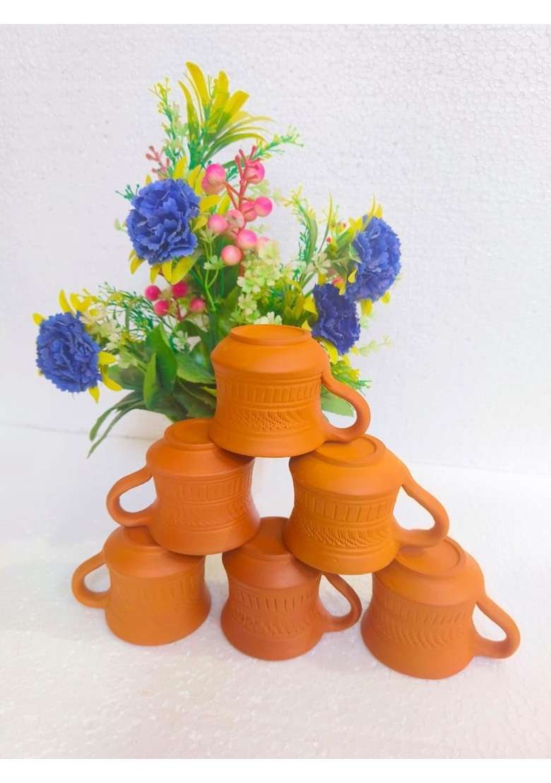 Onlinch Organic Clay Crafts Clay Kullad Clay Tea Cup Glazed Terracotta Tea Kulhad Coffee Mugs -Brown | 100 ml | 3.4 fl oz | 6-Piece Set - Indya
