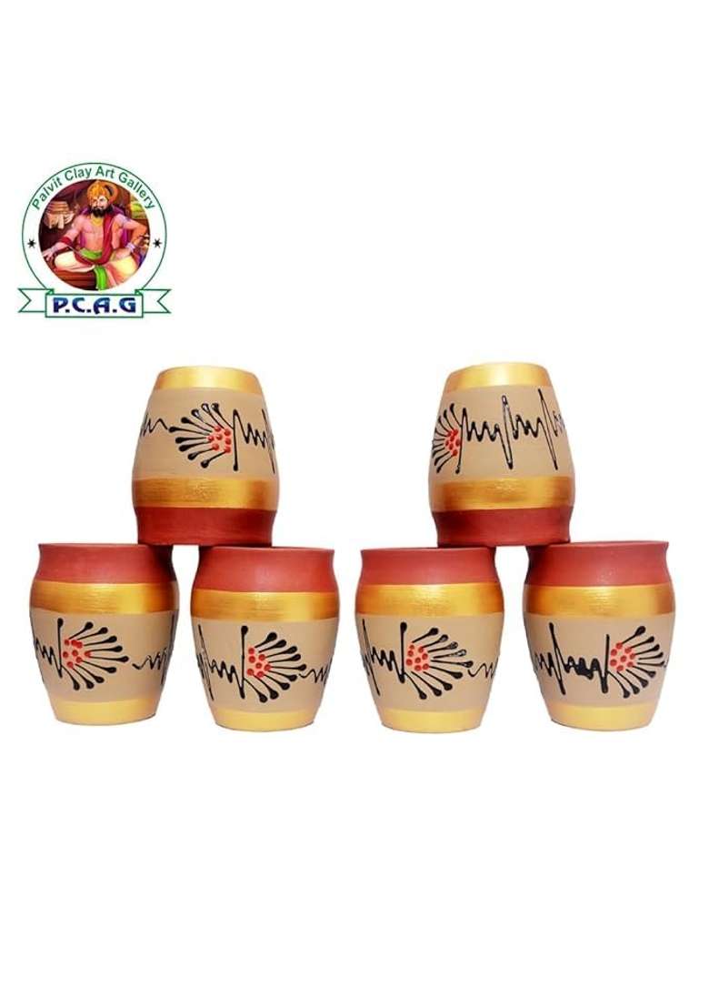 PALVIT CLAY ART GALLERY Printed Kullad Clay Tea Cup Cup Eco-Friendly Clay Cups for Chai and Coffee | 6-Piece Set | Handcrafted - Indya