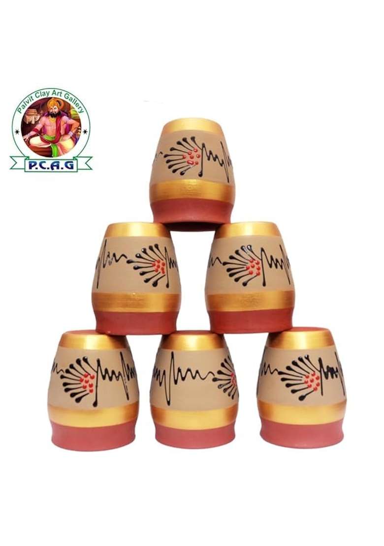 PALVIT CLAY ART GALLERY Printed Kullad Clay Tea Cup Cup Eco-Friendly Clay Cups for Chai and Coffee | 6-Piece Set | Handcrafted - Indya