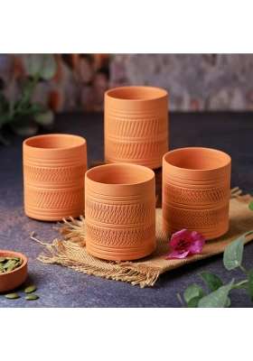 THE HANDICRAFTIAN Handcrafted Terracotta Clay Glass Set | 300 ml | 10.1 fl oz | 4-Piece Set | Microwave Safe