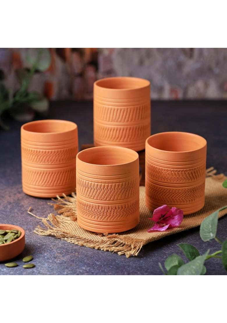 THE HANDICRAFTIAN Handcrafted Terracotta Clay Glass Set | 300 ml | 10.1 fl oz | 4-Piece Set | Microwave Safe - Indya