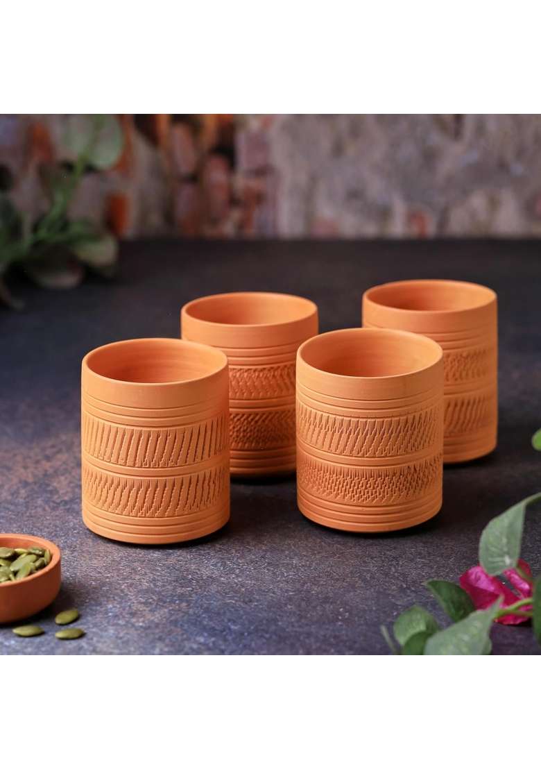 THE HANDICRAFTIAN Handcrafted Terracotta Clay Glass Set | 300 ml | 10.1 fl oz | 4-Piece Set | Microwave Safe - Indya