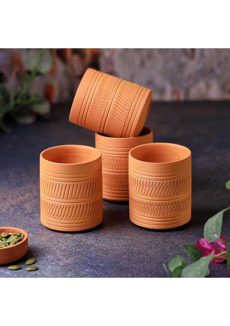 THE HANDICRAFTIAN Handcrafted Terracotta Clay Glass Set | 300 ml | 10.1 fl oz | 4-Piece Set | Microwave Safe - Indya