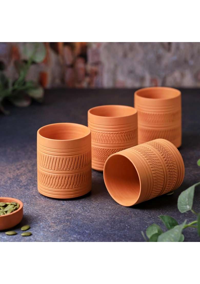 THE HANDICRAFTIAN Handcrafted Terracotta Clay Glass Set | 300 ml | 10.1 fl oz | 4-Piece Set | Microwave Safe - Indya