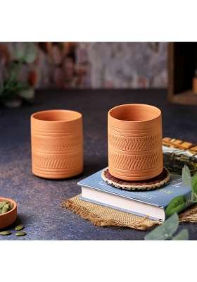 THE HANDICRAFTIAN Handcrafted Terracotta Clay Glass Set | 300 ml | 10.1 fl oz | 2-Piece Set | Microwave Safe