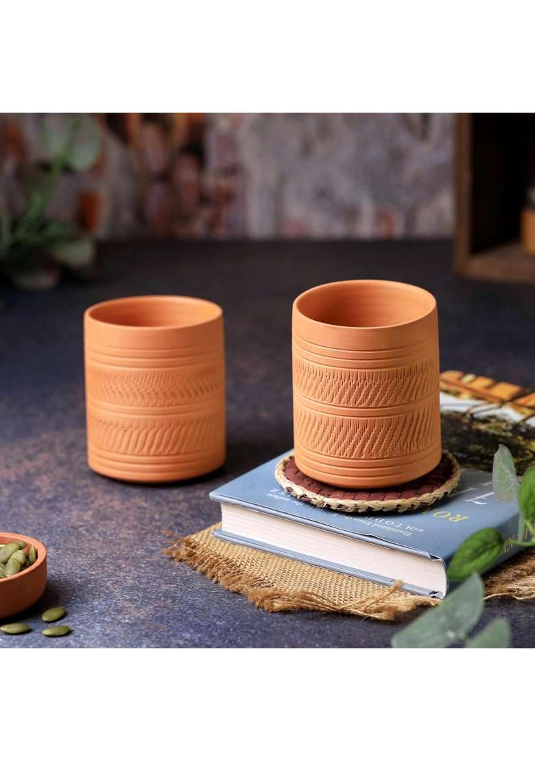 THE HANDICRAFTIAN Handcrafted Terracotta Clay Glass Set | 300 ml | 10.1 fl oz | 2-Piece Set | Microwave Safe - Indya