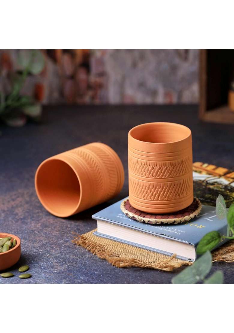 THE HANDICRAFTIAN Handcrafted Terracotta Clay Glass Set | 300 ml | 10.1 fl oz | 2-Piece Set | Microwave Safe - Indya