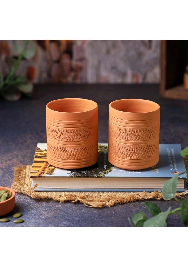 THE HANDICRAFTIAN Handcrafted Terracotta Clay Glass Set | 300 ml | 10.1 fl oz | 2-Piece Set | Microwave Safe - Indya