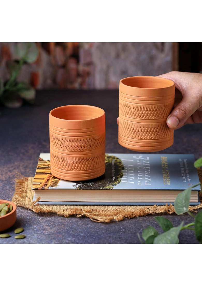 THE HANDICRAFTIAN Handcrafted Terracotta Clay Glass Set | 300 ml | 10.1 fl oz | 2-Piece Set | Microwave Safe - Indya