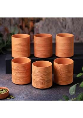 THE HANDICRAFTIAN Handcrafted Terracotta Clay Glass Set | 300 ml | 10.1 fl oz | 6-Piece Set | Microwave Safe