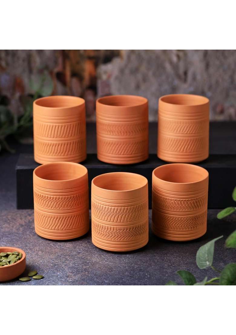 THE HANDICRAFTIAN Handcrafted Terracotta Clay Glass Set | 300 ml | 10.1 fl oz | 6-Piece Set | Microwave Safe - Indya