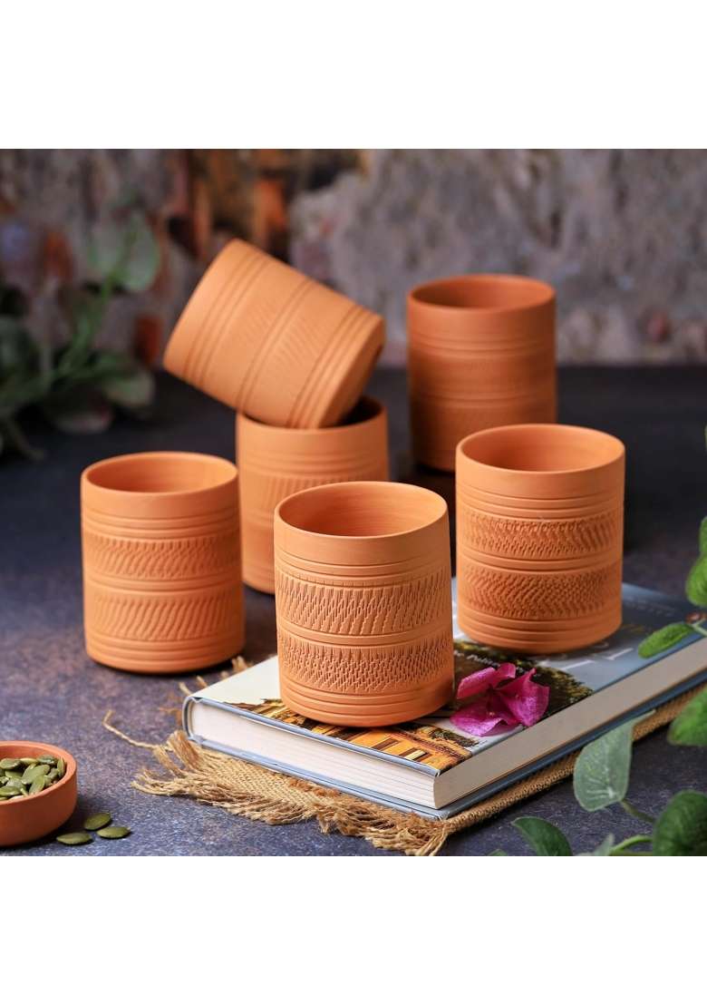 THE HANDICRAFTIAN Handcrafted Terracotta Clay Glass Set | 300 ml | 10.1 fl oz | 6-Piece Set | Microwave Safe - Indya