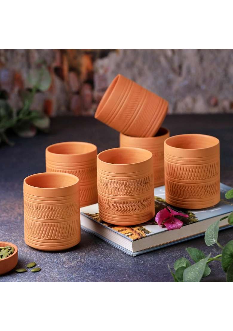 THE HANDICRAFTIAN Handcrafted Terracotta Clay Glass Set | 300 ml | 10.1 fl oz | 6-Piece Set | Microwave Safe - Indya