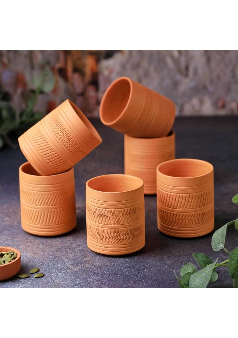 THE HANDICRAFTIAN Handcrafted Terracotta Clay Glass Set | 300 ml | 10.1 fl oz | 6-Piece Set | Microwave Safe - Indya