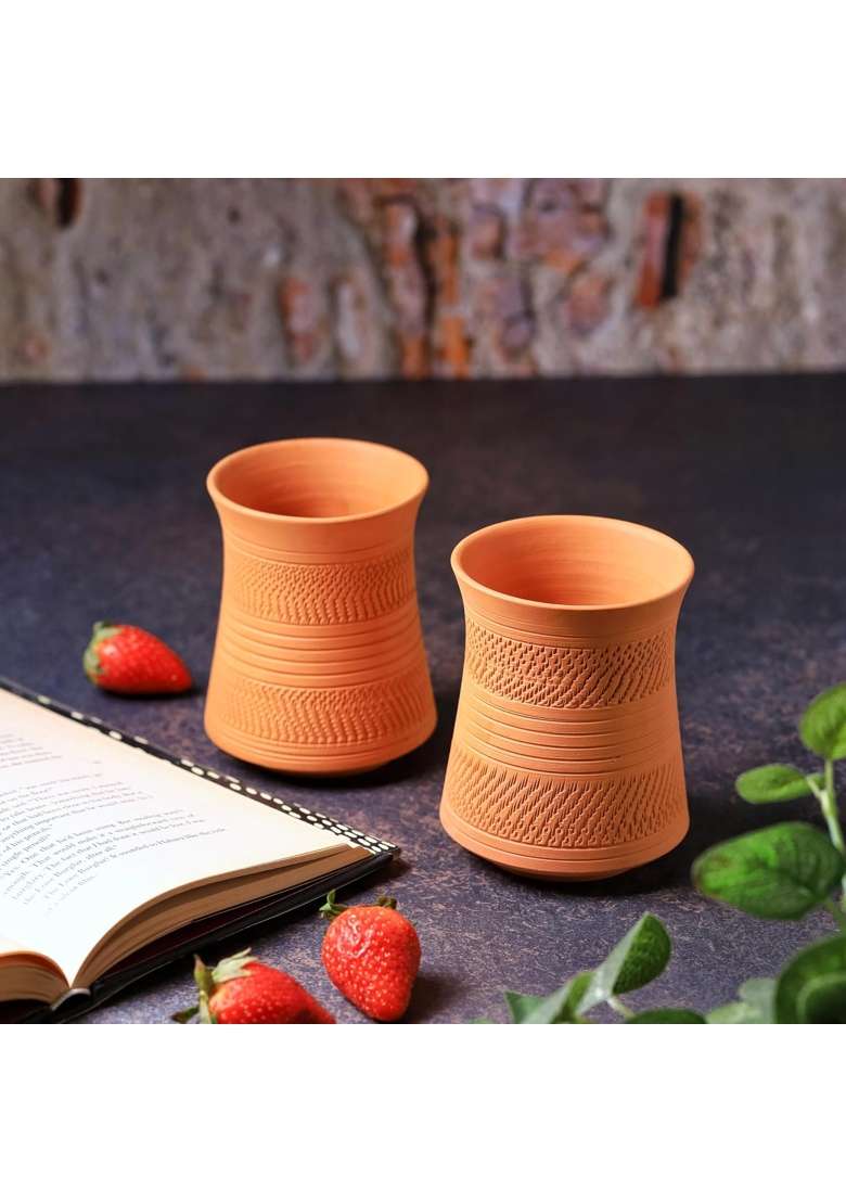 THE HANDICRAFTIAN Handcrafted Terracotta Jumbo Glass Set | 400 ml | 13.5 fl oz | 2-Piece Set | Microwave Safe - Indya