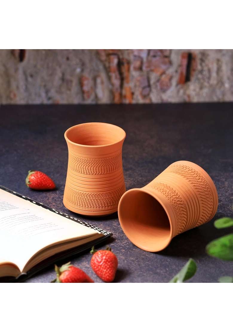 THE HANDICRAFTIAN Handcrafted Terracotta Jumbo Glass Set | 400 ml | 13.5 fl oz | 2-Piece Set | Microwave Safe - Indya