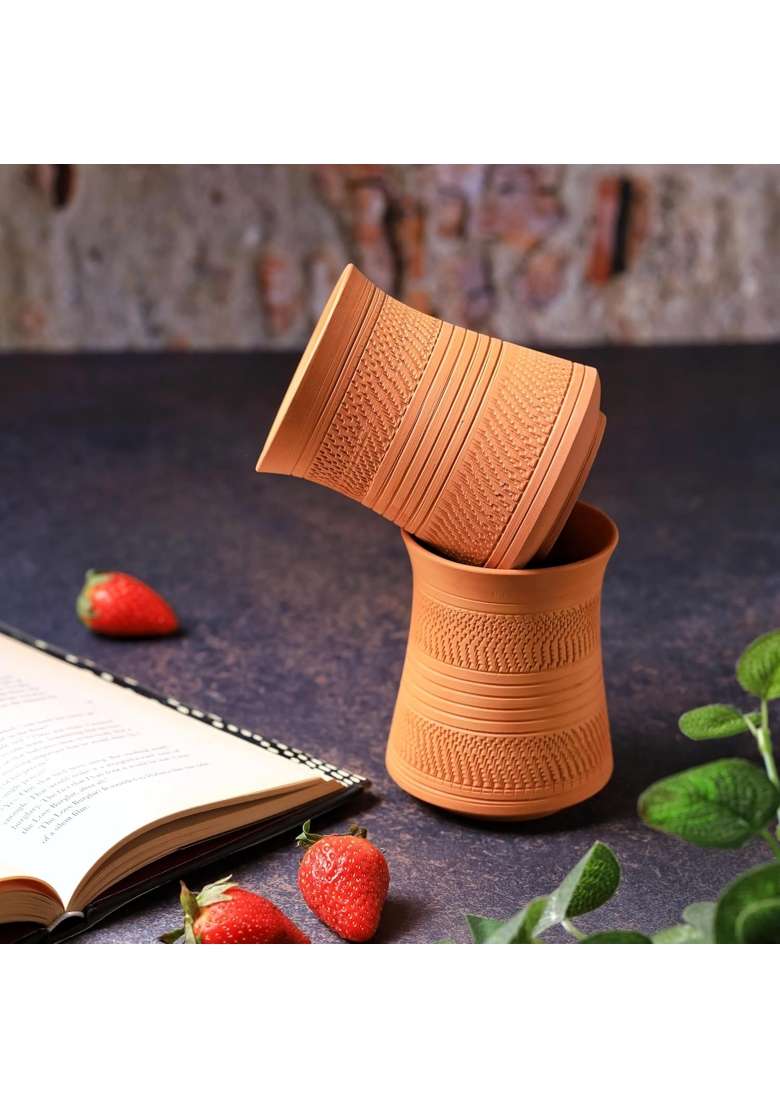 THE HANDICRAFTIAN Handcrafted Terracotta Jumbo Glass Set | 400 ml | 13.5 fl oz | 2-Piece Set | Microwave Safe - Indya